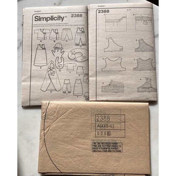 Simplicity Pattern 2388 HappiBaby Layette & Hat Sz XXS-L Bib Bath Towel Onsie - Picture 3 of 4